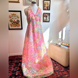 Vintage 1970s Pastel Floral Maxi Dress, Empire Waist, Halter Neck